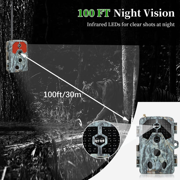 4K WIFI Trail Camera 64MP 100ft Night Vision Motion Activated 0.1S Trigger Speed No Glow Waterproof for Wildlife Observing & Backyard Security A106W