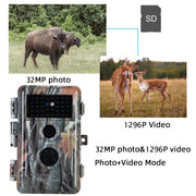 Trail Wildlife Animal & Farm Field Tree Cameras Full HD 32MP 1296P H.264 Video Waterproof No Glow Motion Activated with Night Vision