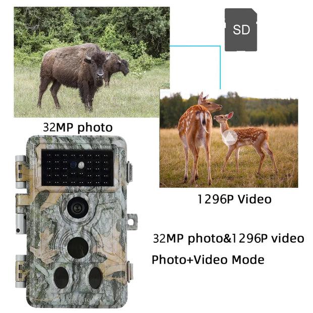 Game Trail & Farm Field Wildlife Camera 32MP 1296P HD Video 0.1s Fast Trigger Time Motion Activated Password Protected Waterproof Stealthy Camouflage | A262