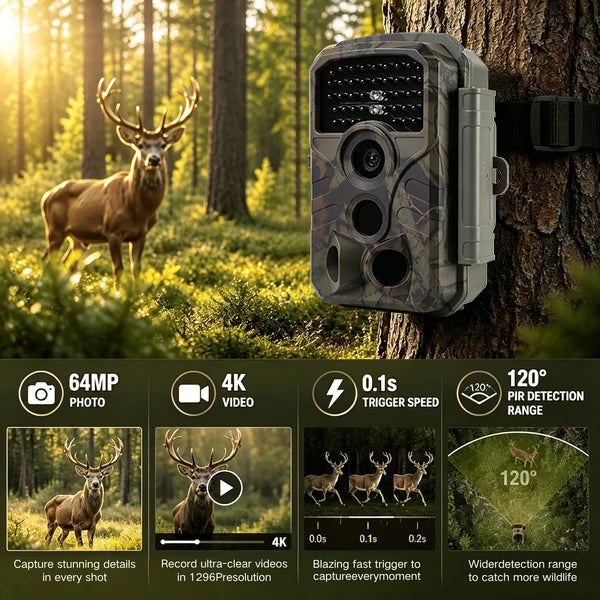 2-Pack Trail & Game Camera 64MP 4K  No-Glow Night Vision 100ft 0.1s Trigger Speed Waterproof for Wildlife Observing & Backyard Security | T306 Dark Camouflage