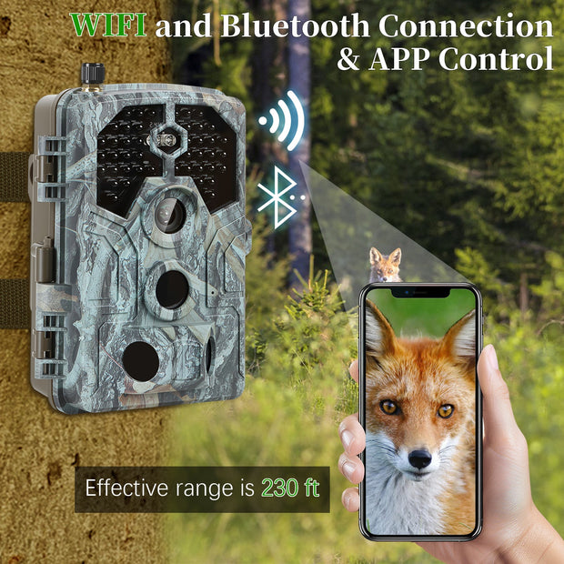 4K WIFI Trail Camera 64MP 100ft Night Vision Motion Activated 0.1S Trigger Speed No Glow Waterproof for Wildlife Observing & Backyard Security A106W