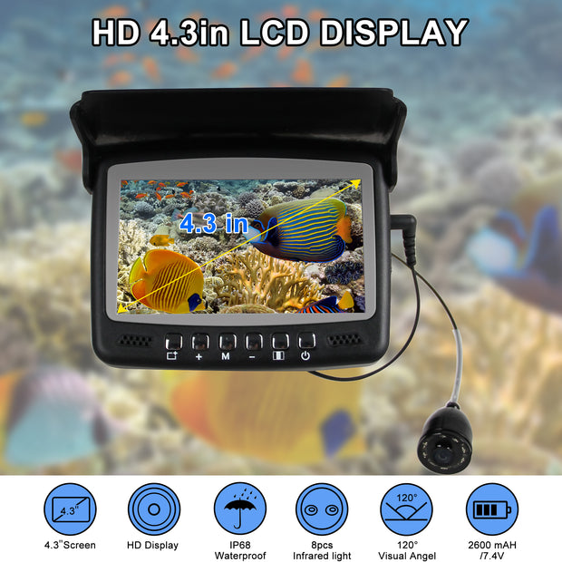 Underwater Fishing Camera, Portable Fish Finder with 4.3 Inch LCD Monitor and 15m 1000 TVL Infrared LED Waterproof Camerafor | CR110-7HBS15M