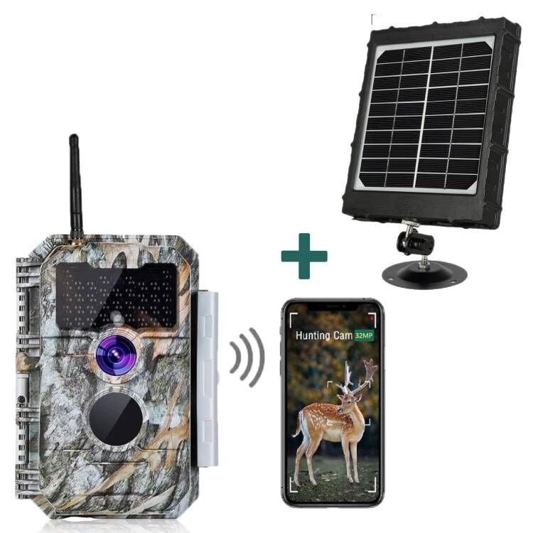 Bundle of Solar Panel and Bluetooth WIFI Trail Cameras 64MP 1296P with  Night Vision Motion Activated Waterproof W600 Grey