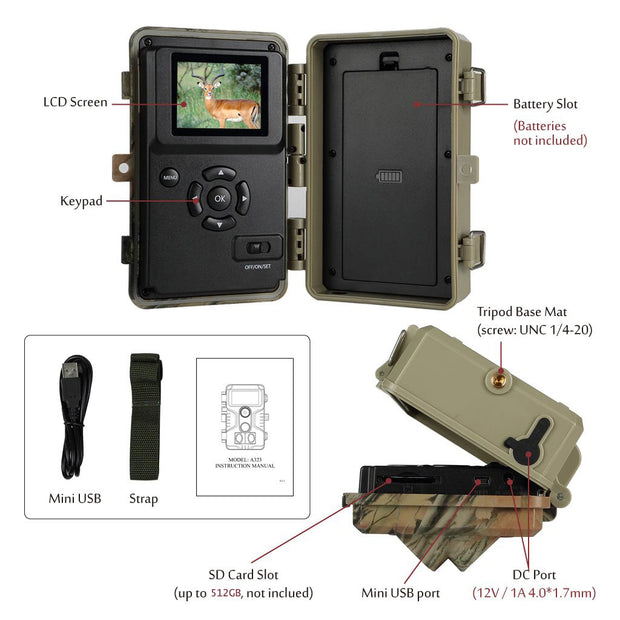 Game Trail & Farm Field Wildlife Camera 24MP 1296P HD Video 0.1s Fast Trigger Time Motion Activated Password Protected Waterproof Stealthy Camouflage.