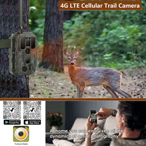 4G LTE Cellular Wildlife Trail Camera 32MP 1296P 100ft No Glow Night Vision Motion Activated IP66 WaterProof Send Picture to Cell Phone