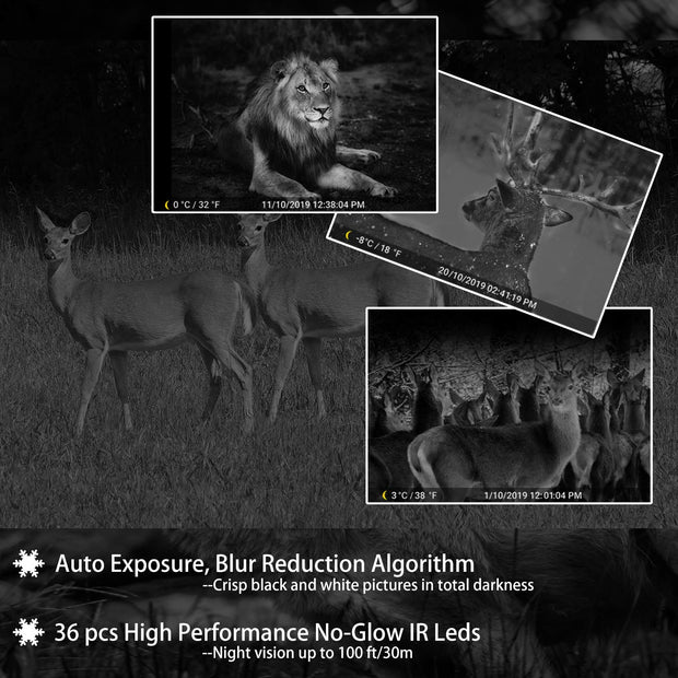 4-Pack Game Trail Wildlife Cameras 24MP Photo 1296P MP4 Video 100ft Night Vision Motion Activated 0.1S Trigger Speed Waterproof No Glow Time Lapse.