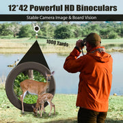 12x42 HD Binoculars, Large View Lens with Clear Low Night Vision IPX7 Waterproof Multi Coated Field 5.6° for Outdoor camping, Bird Watching